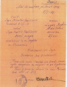 Traducerea certificatului de naştere emis in ianuarie 1942, la Moghilev Podolsk, pe numele de Ioja Nicolae Vasilievici, tatal -vengher (maghiar), mama evreica